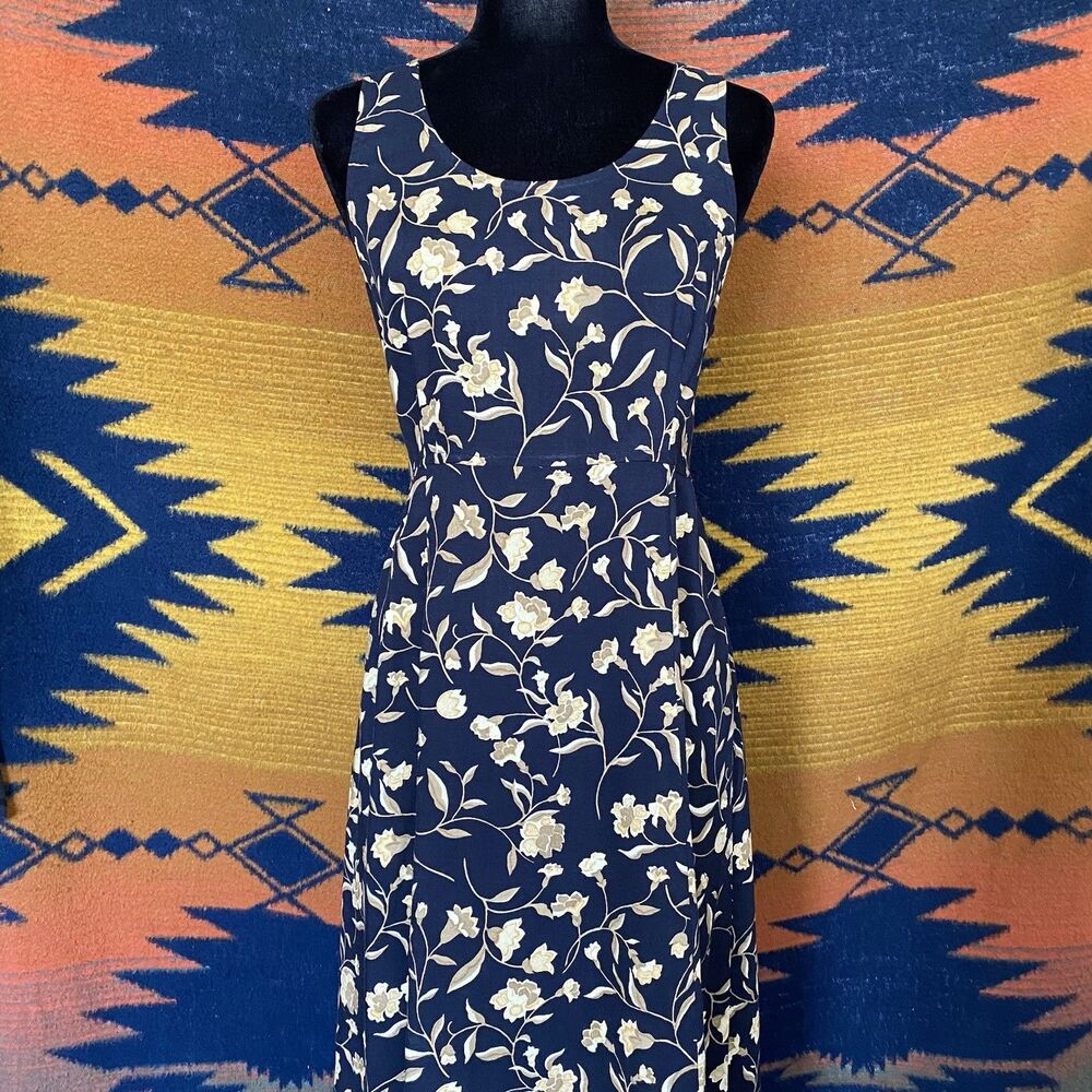 Vintage 90’s R & K Rayon Maxi Sleeveless Dress. Size 12. Floral. Navy Blue/Tans.